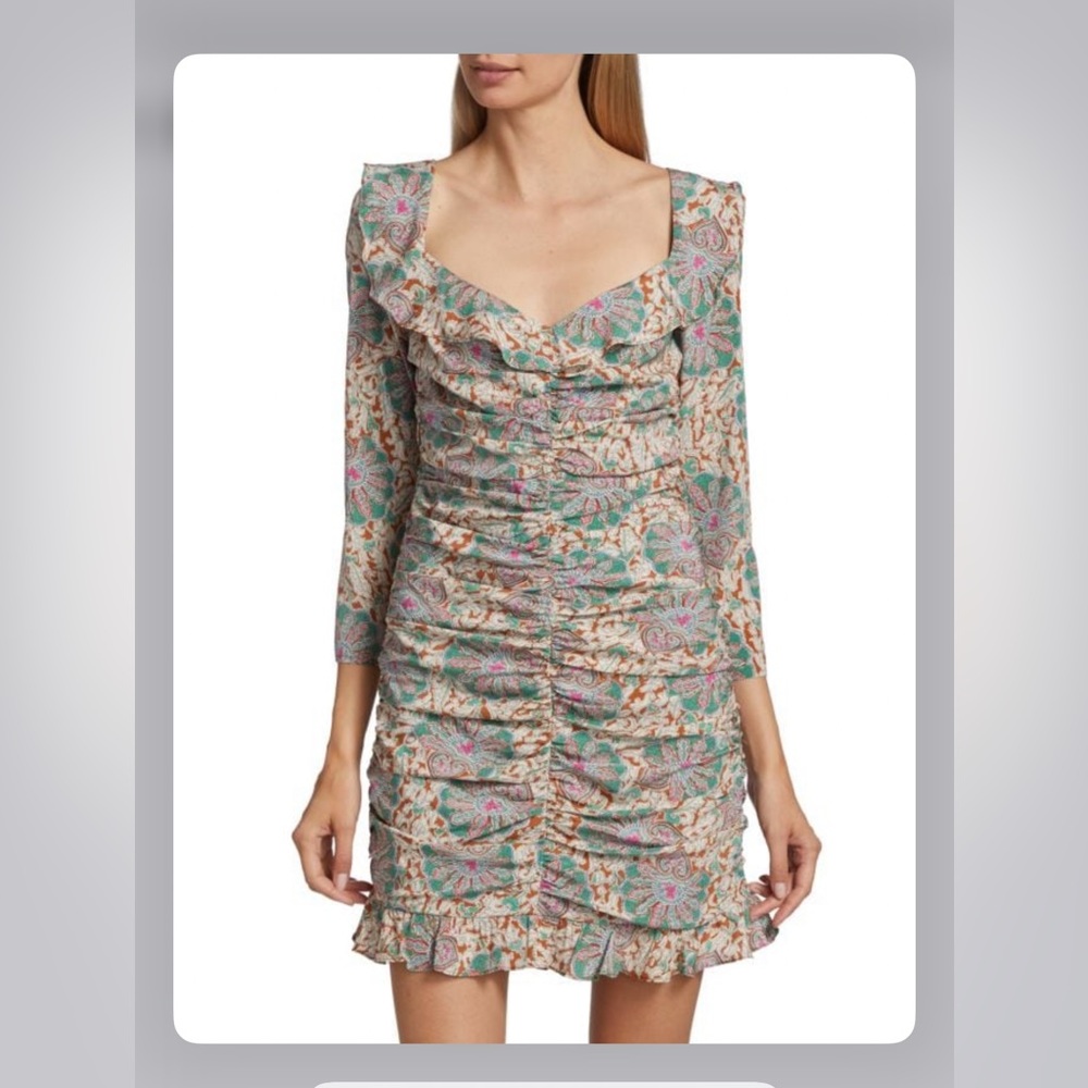 Veronica Beard Floral Ruched Ruffle Mini Dress in Mint Pink